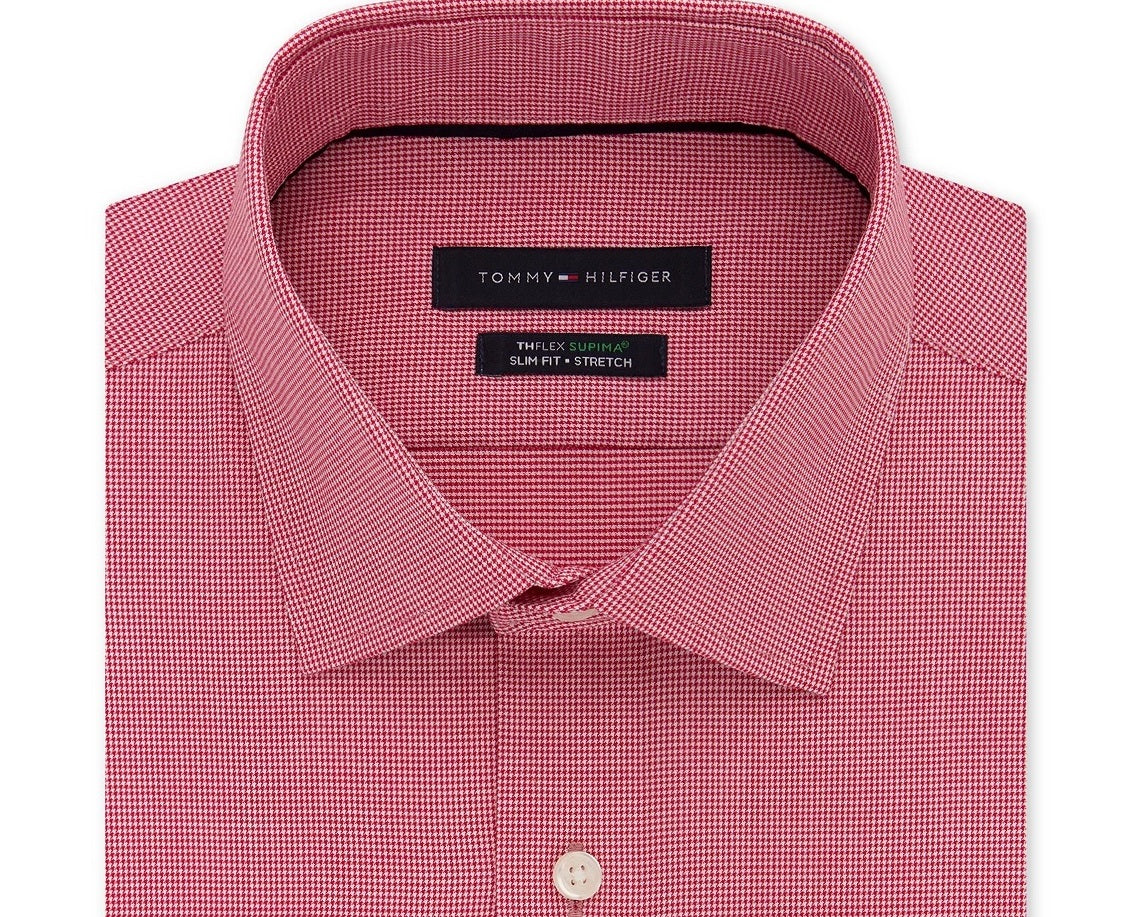 Tommy Hilfiger Men's Slim-Fit Non-Iron Performance Stretch Check Dress Shirt Bright Red Size 16.5X32-33