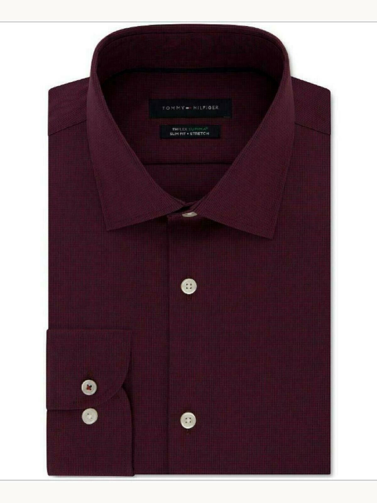 Tommy Hilfiger Men's Slim-Fit Non-Iron Performance Stretch Check Dress Shirt Red Size 17-36-37