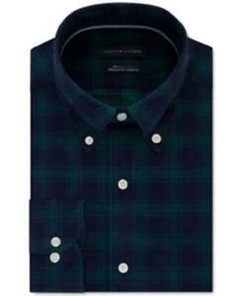 Tommy Hilfiger Men's Classic-Fit Check Dress Shirt Dark Green Size 16.5X32-33