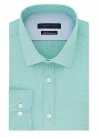 Tommy Hilfiger Men's Athletic Fit Flex Collar Dress Shirt Green Size 17.5X32-33