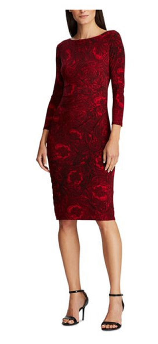 Ralph Lauren Women's Jewel Neck Knee Length Sheath Cocktail Dress Red Size 16