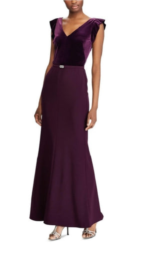 Ralph Lauren Women's Purple Velvet Short Sleeve V Neck Full-Length Fit Flare Formal Dress Purple Size 4