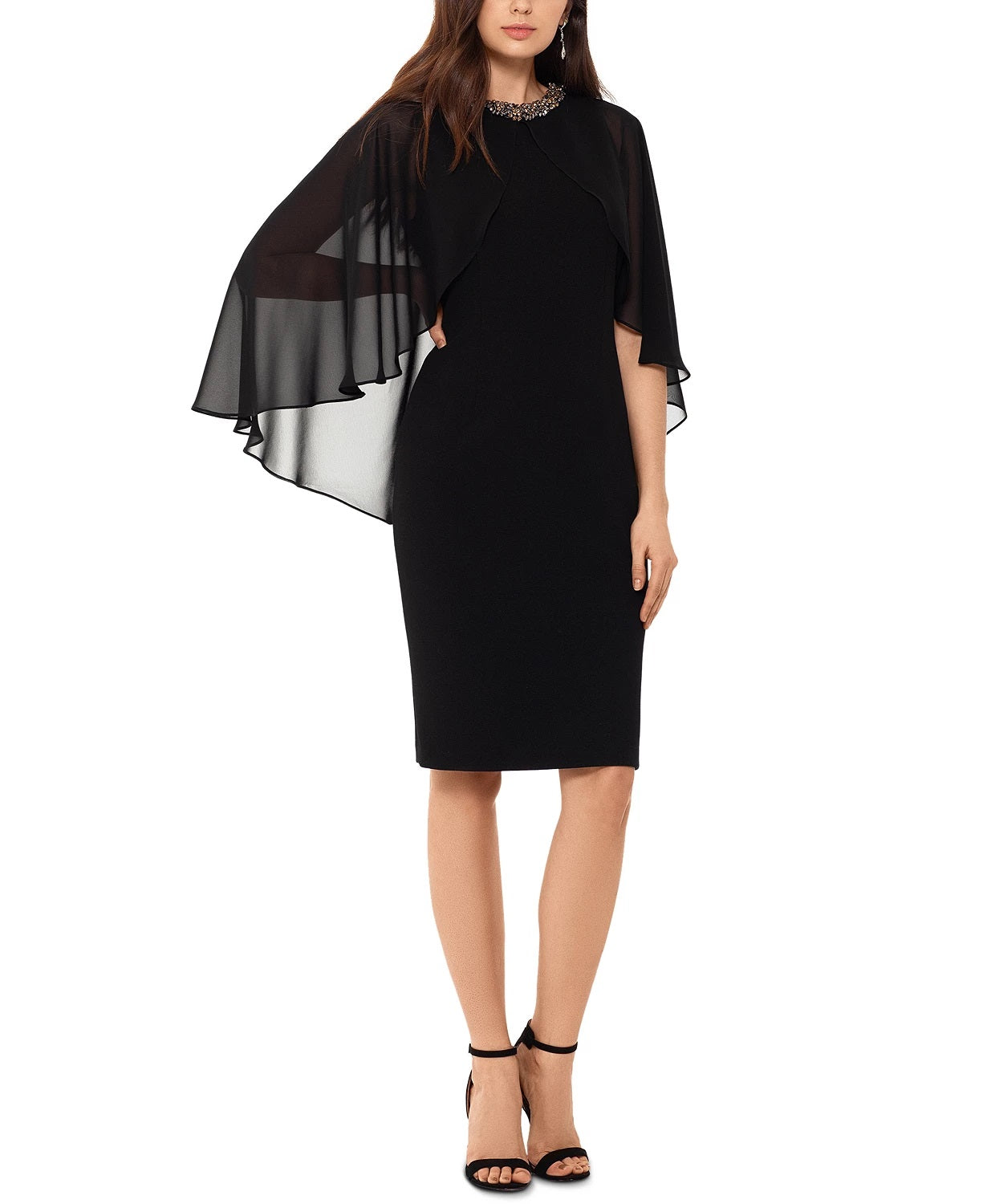 Xscape Women's Chiffon-Cape Embellished-Neck Dress Black Size 6