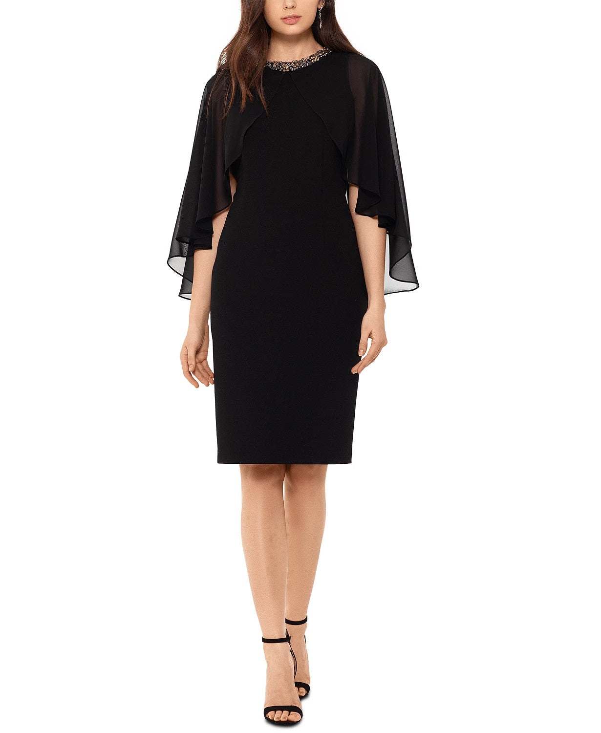Xscape Women's Chiffon-Cape Embellished-Neck Dress Black Size 6