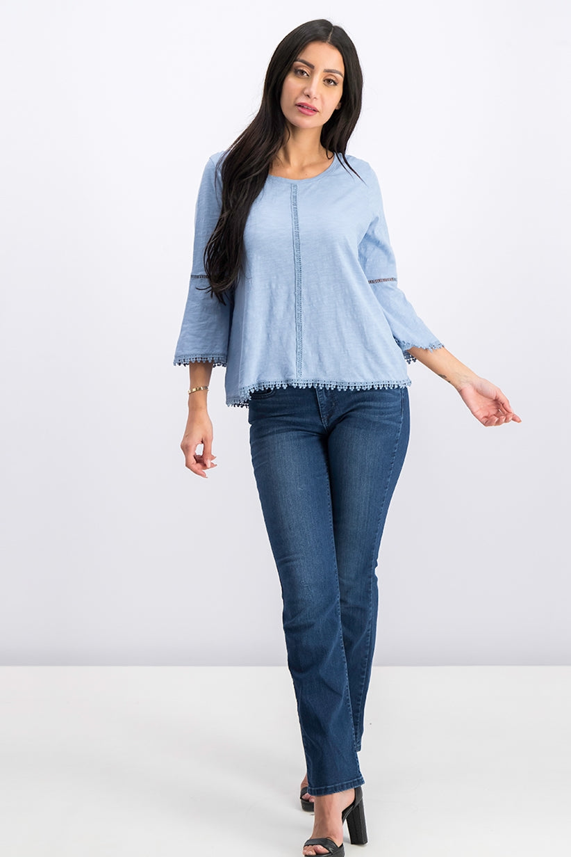 Style & Co Women's Petite Crochet-Trim Lantern-Sleeve Top  Blue Size PP