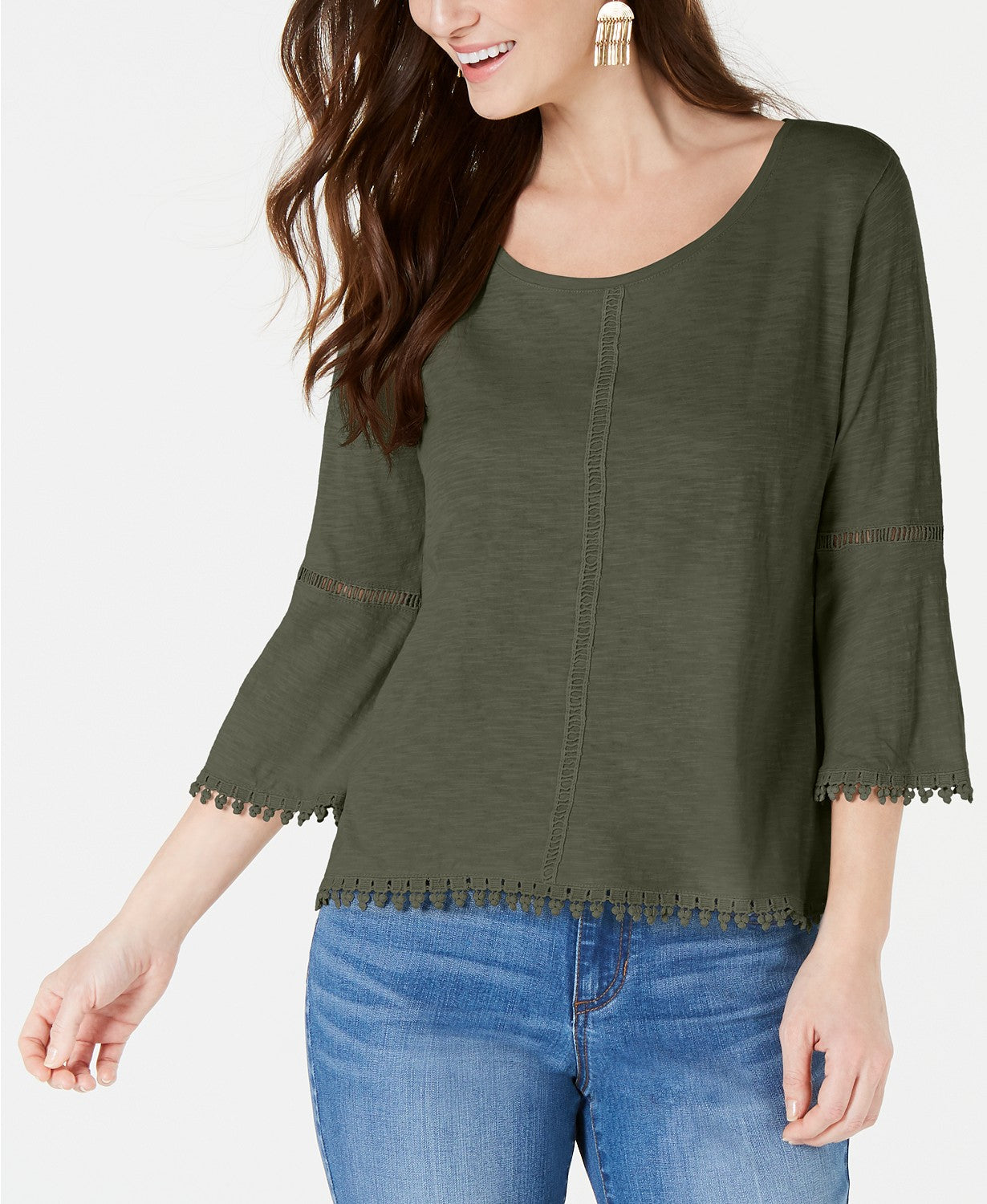 Style & Co Women's Petite Crochet-Trim Bell-Sleeve Top Olive Size Medium
