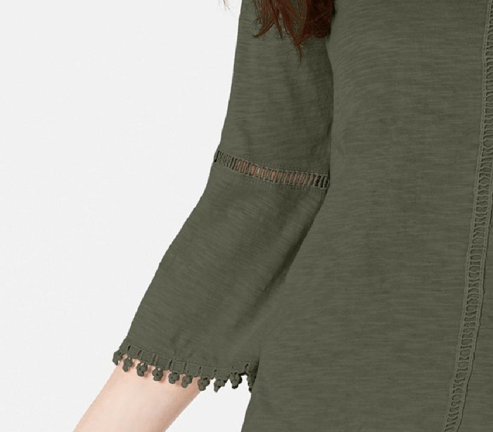 Style & Co Women's Petite Crochet-Trim Bell-Sleeve Top Olive Size Medium