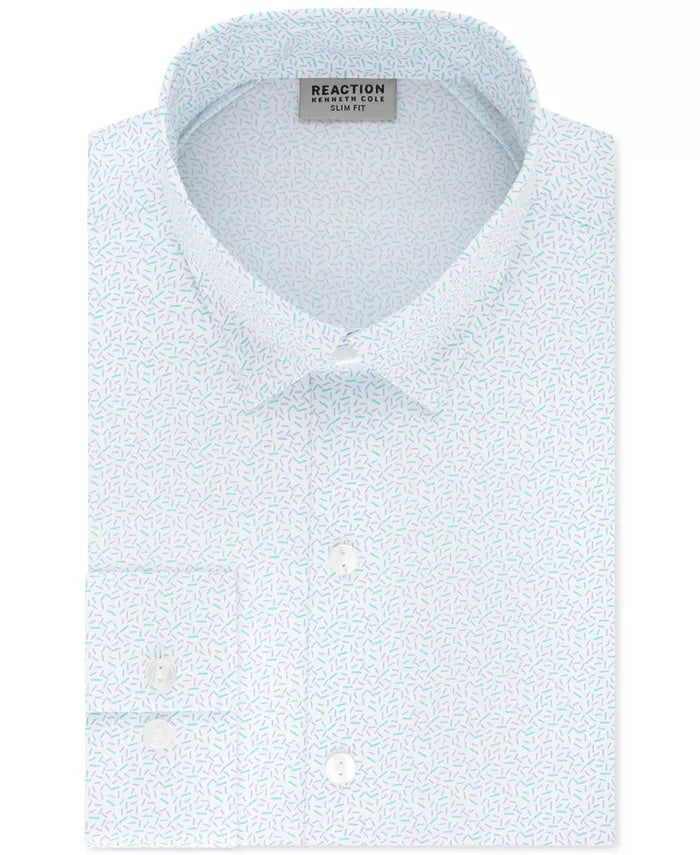 Kenneth Cole Reaction Men's Techni Cole Slim Fit Three Way Stretch Non Iron Print Dress Shirt Blue Size 16X32X33