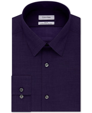 Calvin Klein Men's Slim Fit Non Iron Performance Herringbone Point Collar Dress Shirt Purple Size 17-34-35