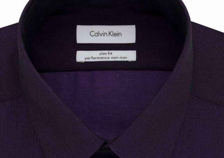 Calvin Klein Men's Steel Slim Fit Non Iron Performance Herringbone Point Collar Dress Shirt Purple Size 36-37