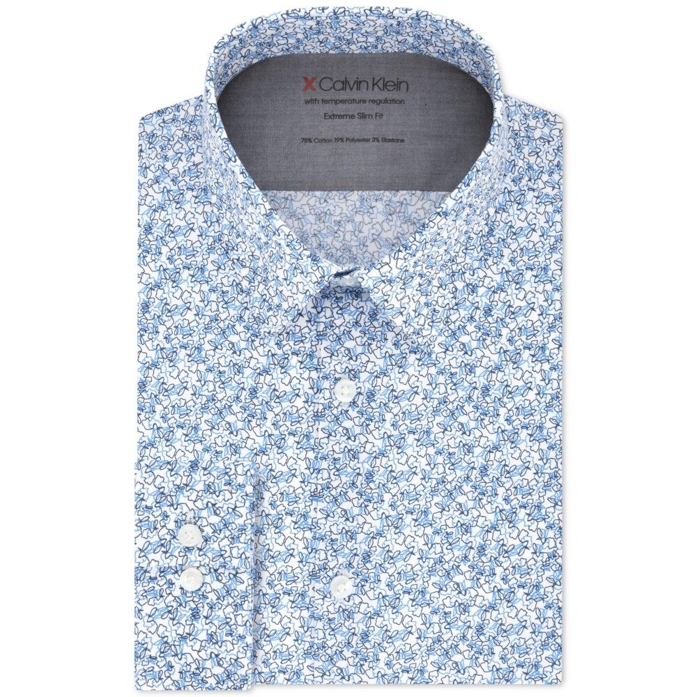Calvin Klein Men's X Men's Extra-Slim Fit Thermal Stretch Performance Printed Dress Shirt Blue Size 15x32-35