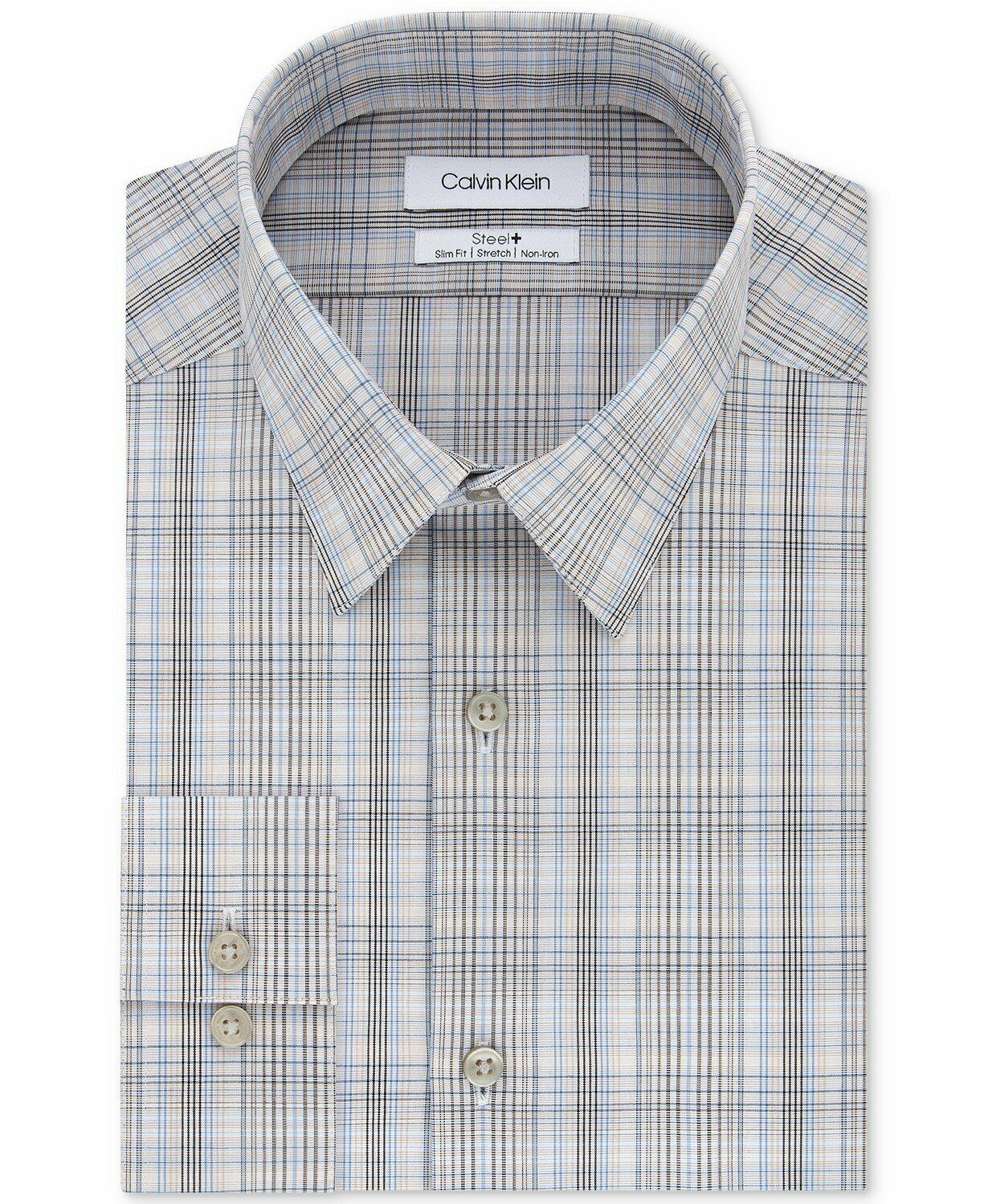 Calvin Klein Men's Plaid Dress Shirt Beige Size 14.5X32-33