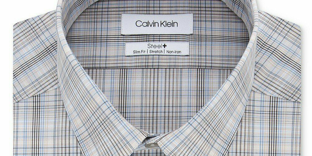 Calvin Klein Men's Plaid Dress Shirt Beige Size 14.5X32-33
