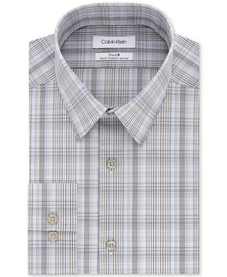 Calvin Klein Men's Slim-Fit Stretch Performance Plaid Dress Shirt Beige Size 15x34-35