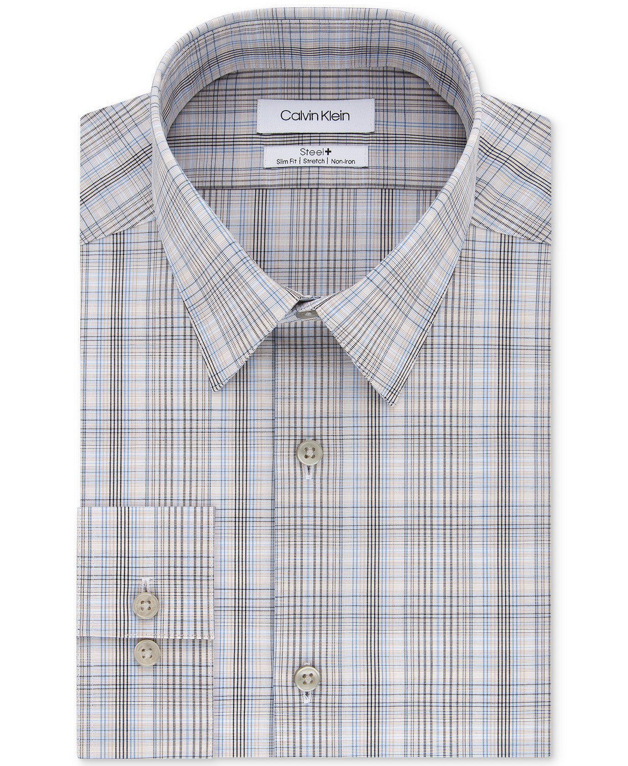 Calvin Klein Men's Slim-Fit Stretch Performance Plaid Dress Shirt Beige Size 32-33