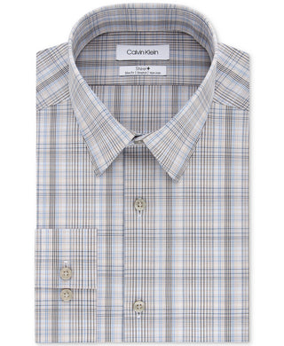 Calvin Klein Men's Slim-Fit Stretch Performance Plaid Dress Shirt Beige Size 32-33