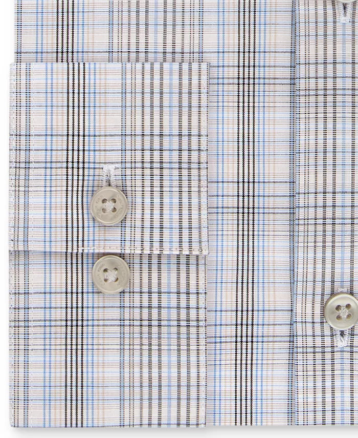 Calvin Klein Men's Slim-Fit Stretch Performance Plaid Dress Shirt Beige Size 32-33