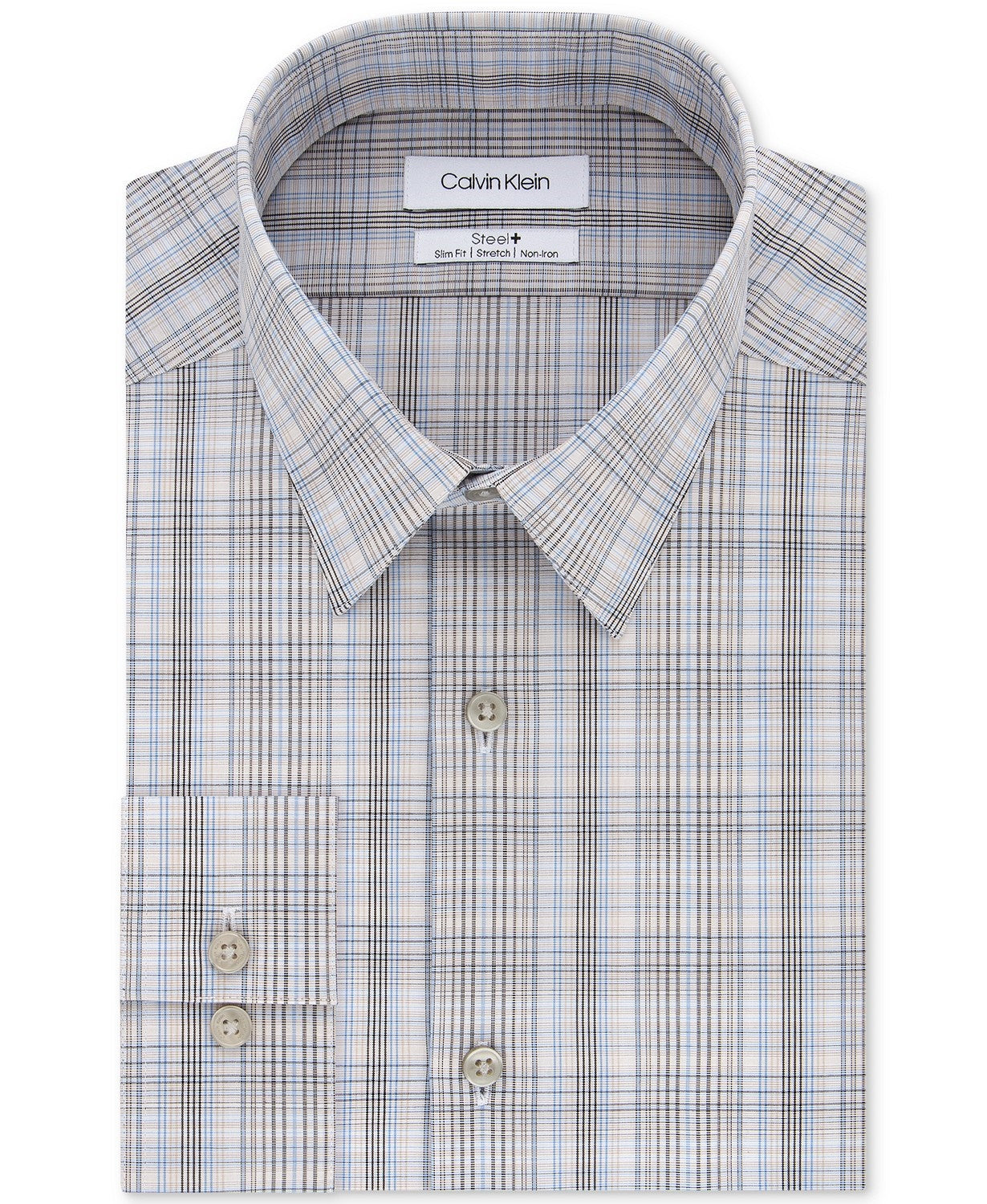 Calvin Klein Men's Slim-Fit Stretch Performance Plaid Dress Shirt Beige Size 32-33
