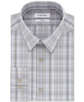 Calvin Klein Men's Slim-Fit Stretch Performance Plaid Dress Shirt Beige Size 32-33