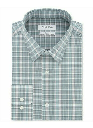 Calvin Klein Men's Steel Classic Fit Non-Iron Performance Stretch Green Check Dress Shirt Green Size 15.5x32-33