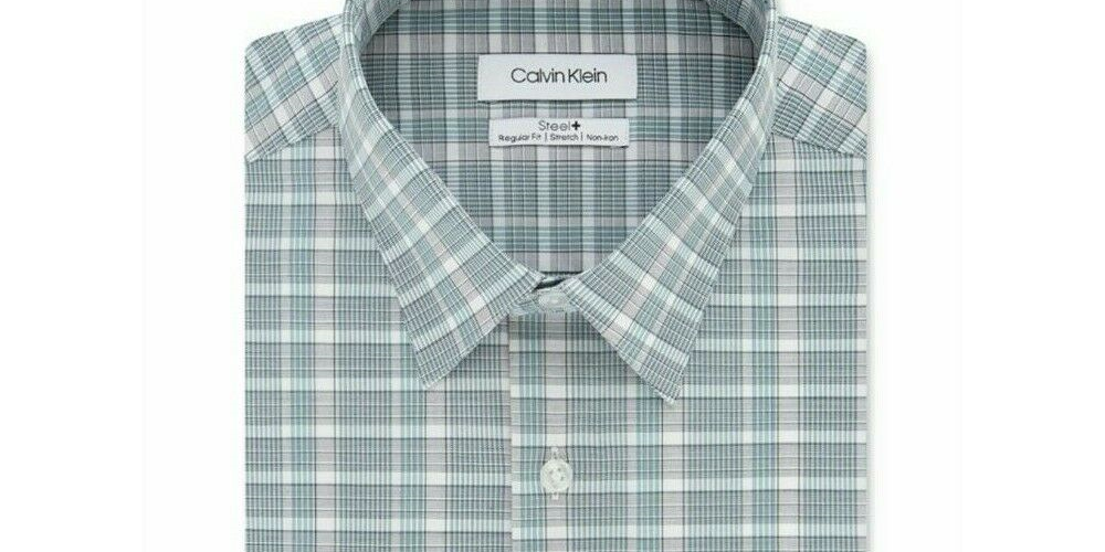 Calvin Klein Men's Steel Classic Fit Non-Iron Performance Stretch Green Check Dress Shirt Green Size 15.5x32-33