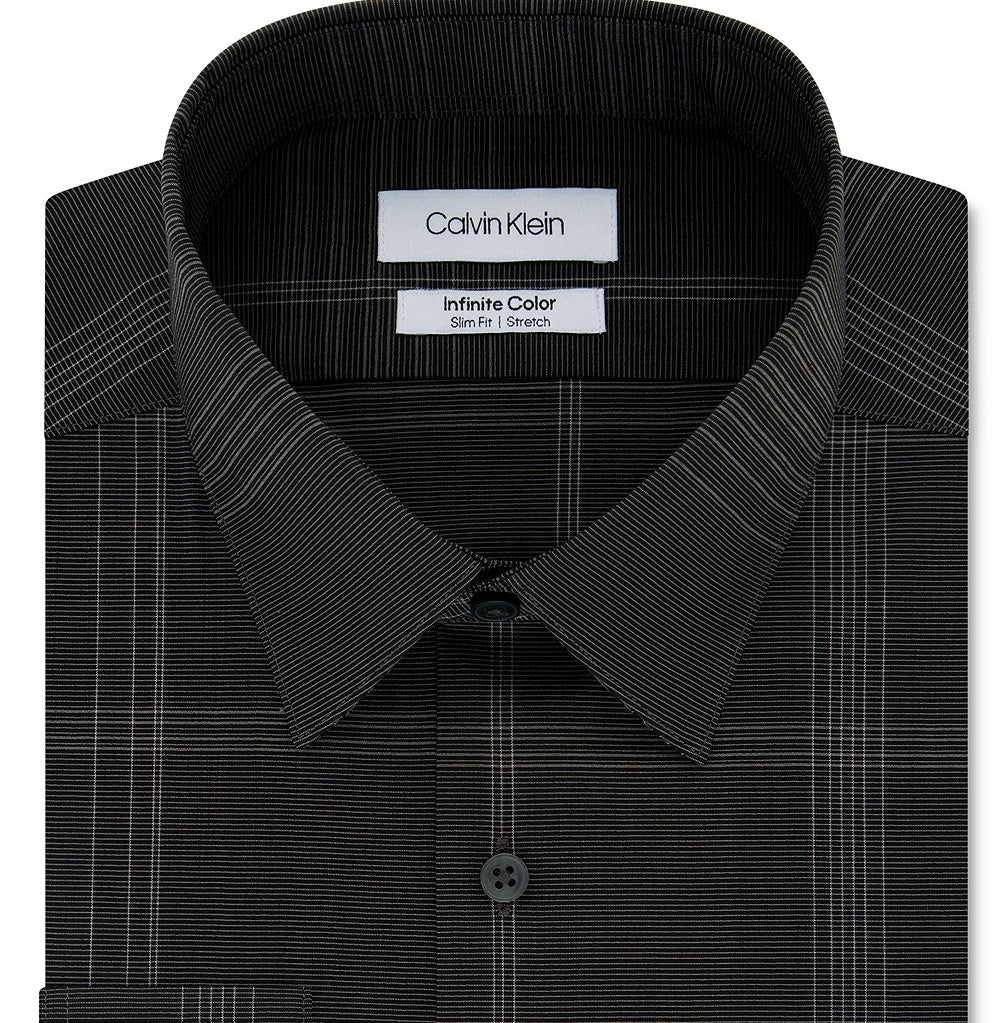 Calvin Klein Men's Infinite Color Slim-Fit Non-Iron Stretch Check Dress Shirt Black Size 17x32-33