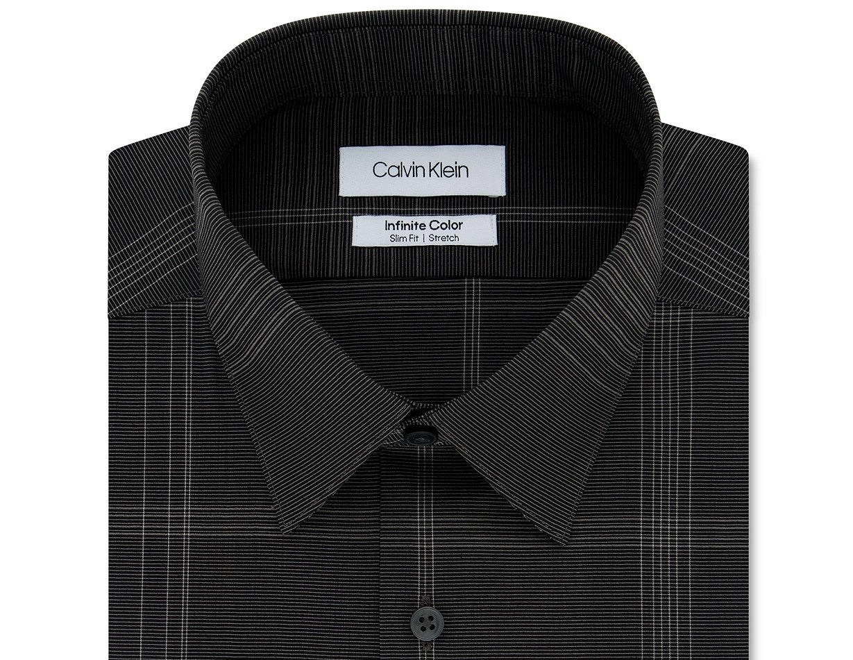 Calvin Klein Men's Infinite Color Slim-Fit Non-Iron Stretch Check Dress Shirt Gray Size 14.5x32-33