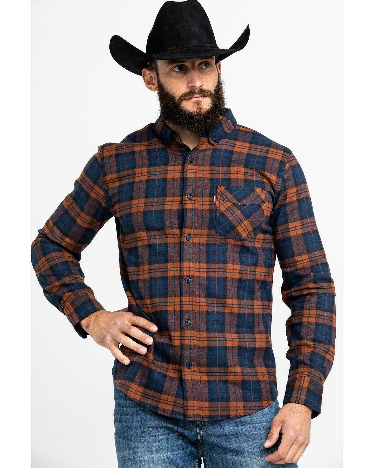 Levi's Men's Ferra Plaid Button Long Sleeve Western Flannel Shirt Orange  Size Extra Large