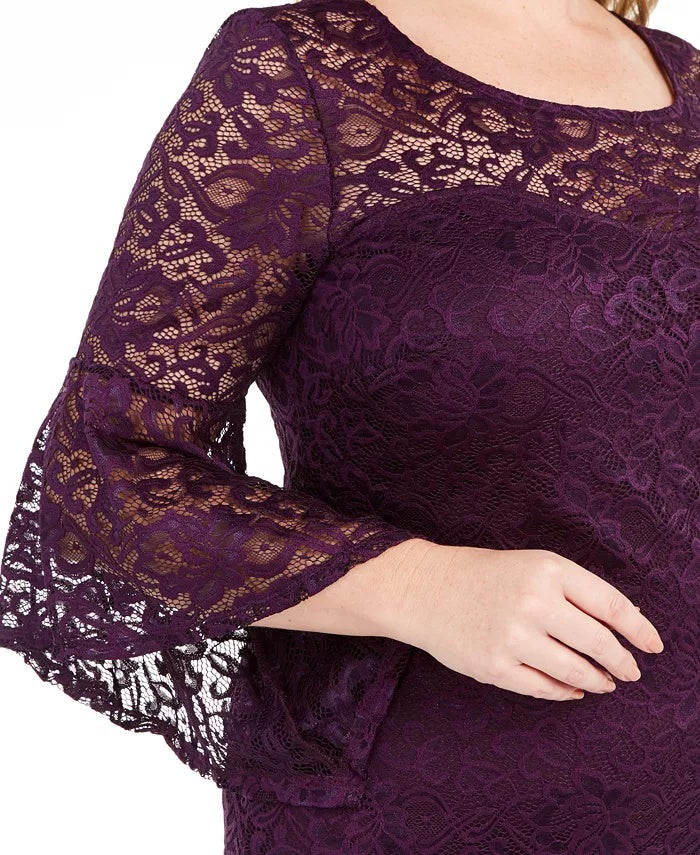 Love Women's Squared Trendy Plus Size Bell-Sleeve Lace Dress Purple Size XX-Large