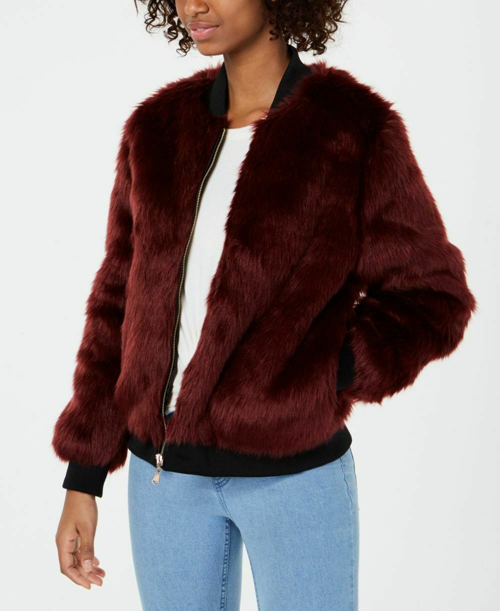 Say What? Juniors' Faux-Fur Jacket Burgundy Size Extra Small
