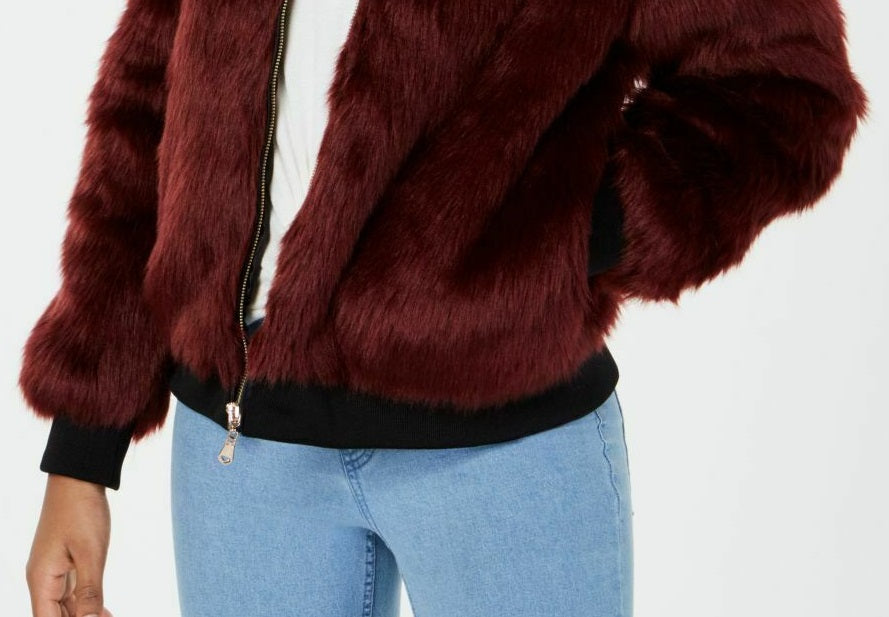 Say What? Juniors' Faux-Fur Jacket Burgundy Size Extra Small