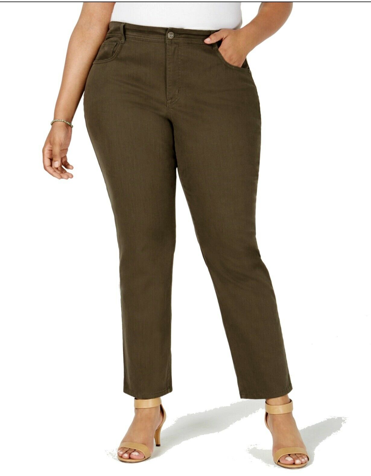 Style & Co Women's Plus Size Tummy-Control Slim-Leg Jeans Olive Size 16W