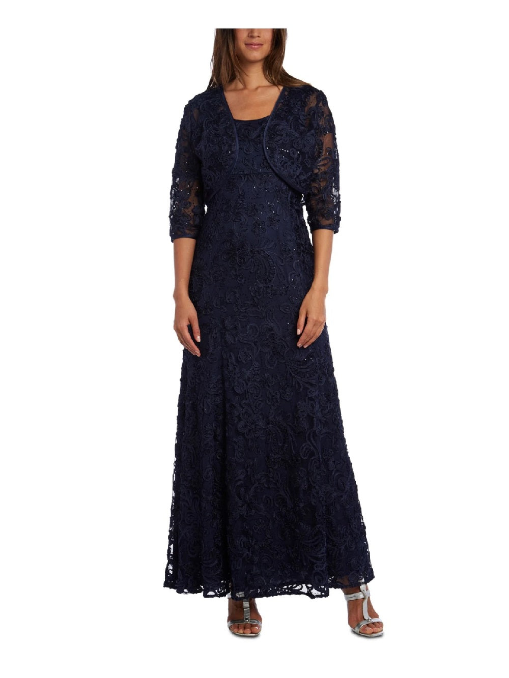 R & M Richards Women's Embellished Soutache Gown & Bolero Jacket Navy Size 10