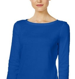 Charter Club Women's Pima Cotton Boat-Neck Button-Shoulder Top Blue Size Small
