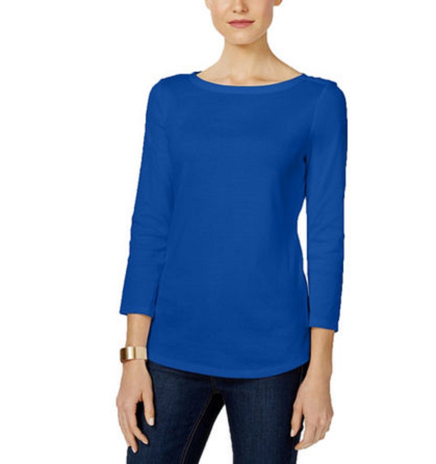 Charter Club Women's Pima Cotton Boat-Neck Button-Shoulder Top Blue Size Extra Small