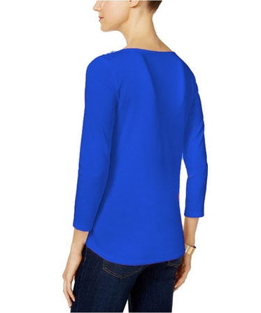 Charter Club Women's Pima Cotton Boat-Neck Button-Shoulder Top Blue Size 2 Extra Large