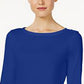 Charter Club Women's Pima Cotton Boat Neck Button Shoulder Top Blue Size Medium