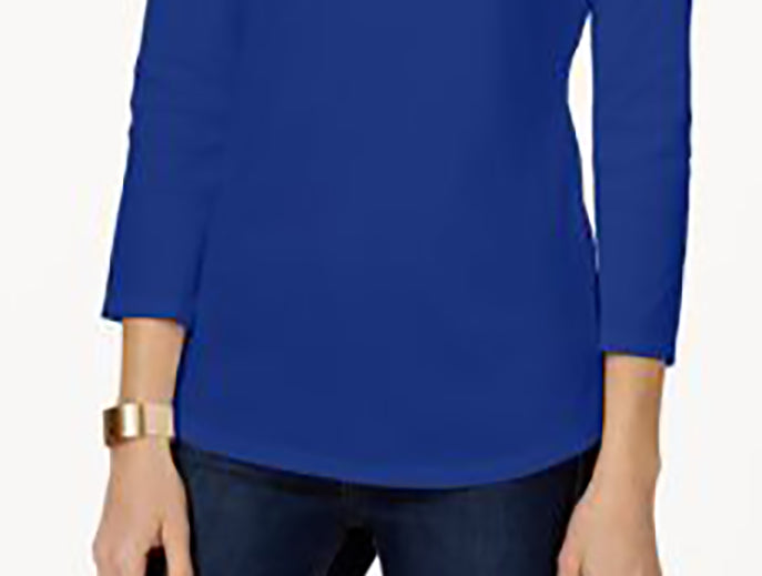 Charter Club Women's Pima Cotton Boat Neck Button Shoulder Top Blue Size Medium