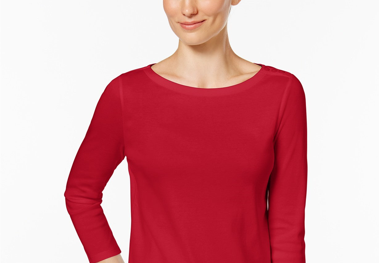 Charter Club Women's Petite Pima Cotton Button-Shoulder Top Red Size Medium
