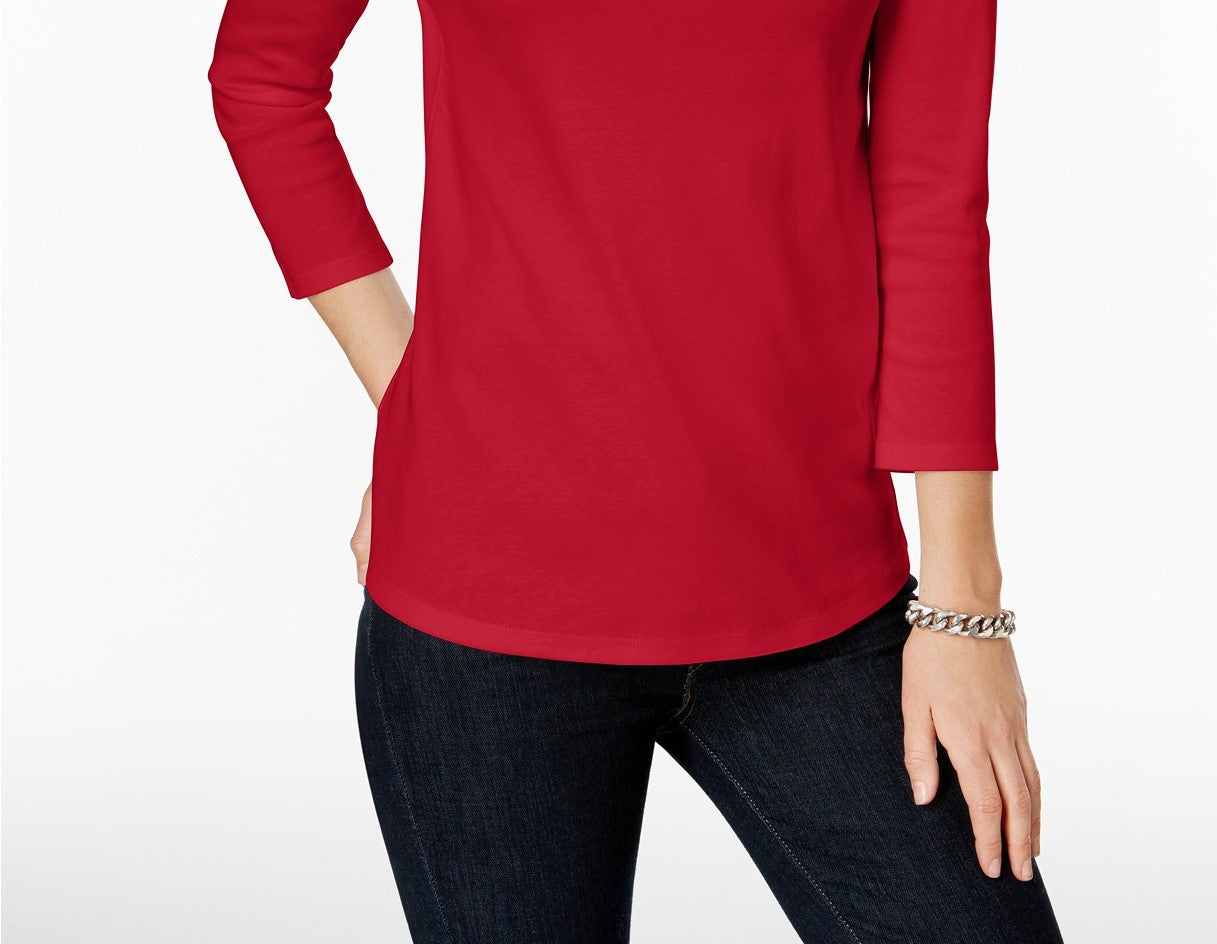 Charter Club Women's Petite Pima Cotton Button-Shoulder Top Red Size Medium