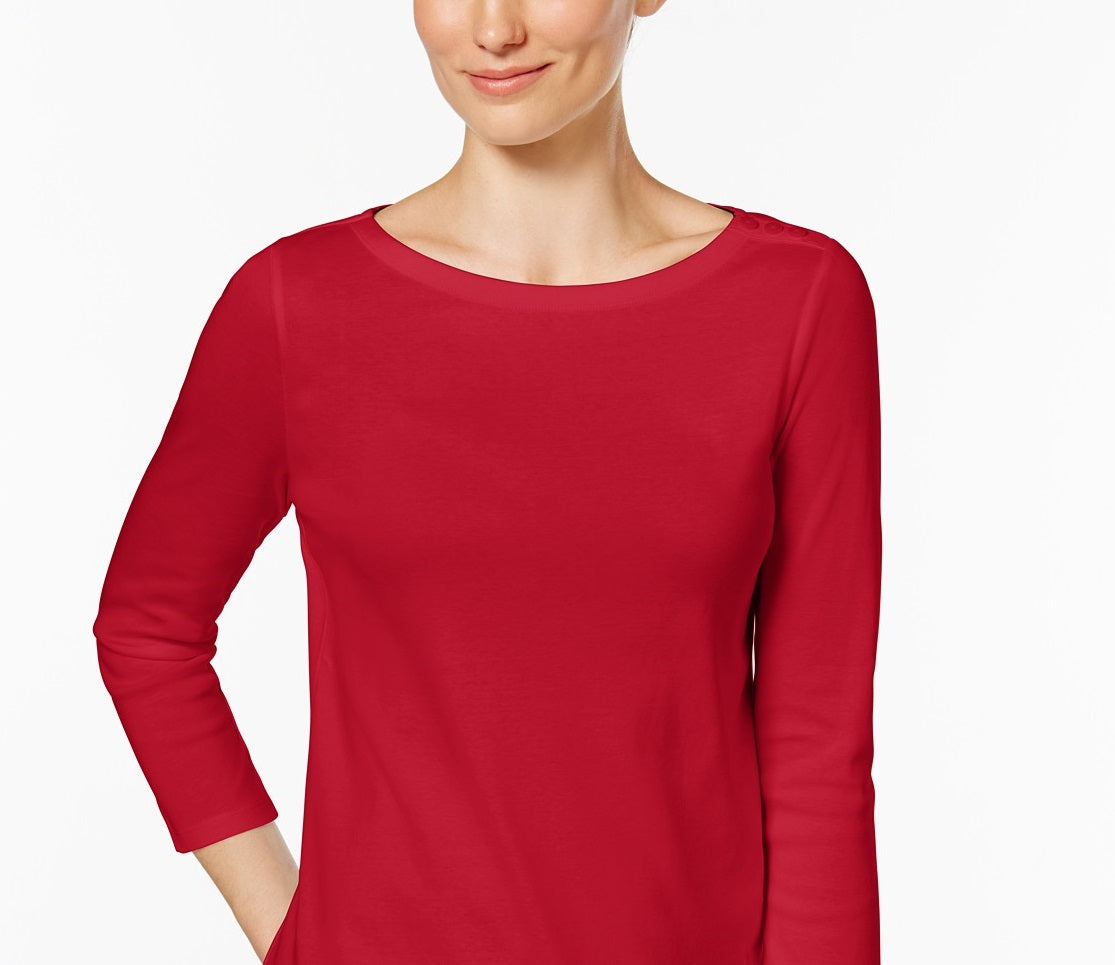 Charter Club Women's Petite Pima Cotton Button-Shoulder Top Medium Red Size Large