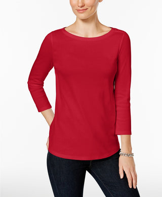 Charter Club Women's Petite Pima Cotton Button-Shoulder Top  Red Size PET/SM