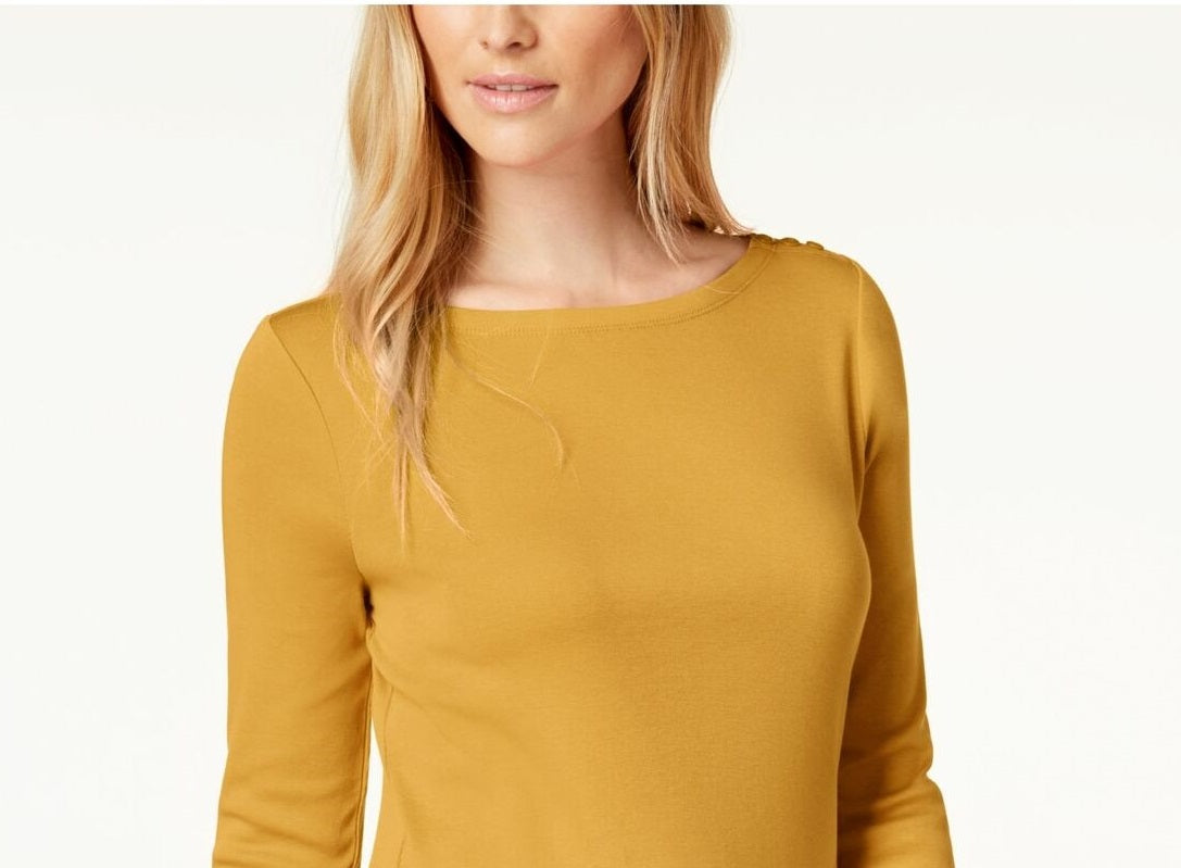 Charter Club Women's Petite Pima Cotton Button-Shoulder Top Yellow Size X-Large