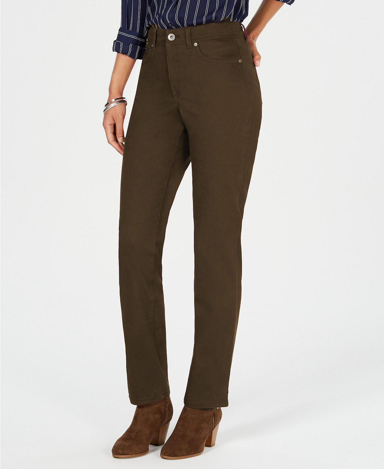 Style & Co Women's Rail Tummy-Control Straight-Leg Jeans Olive Size 18