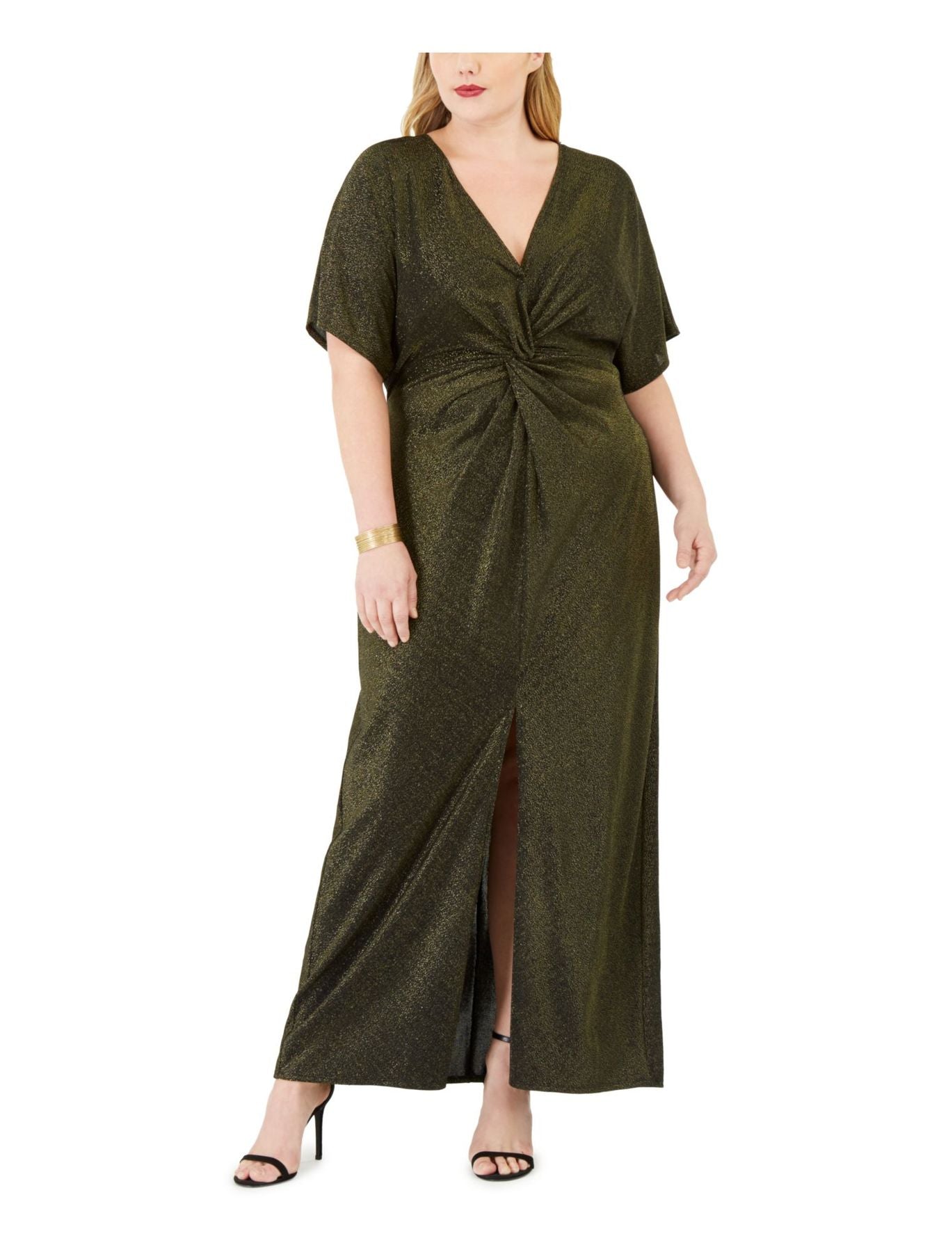 Love Squared Womens Plus Metallic Front Knot Evening Dress Black/Gold Size 2X