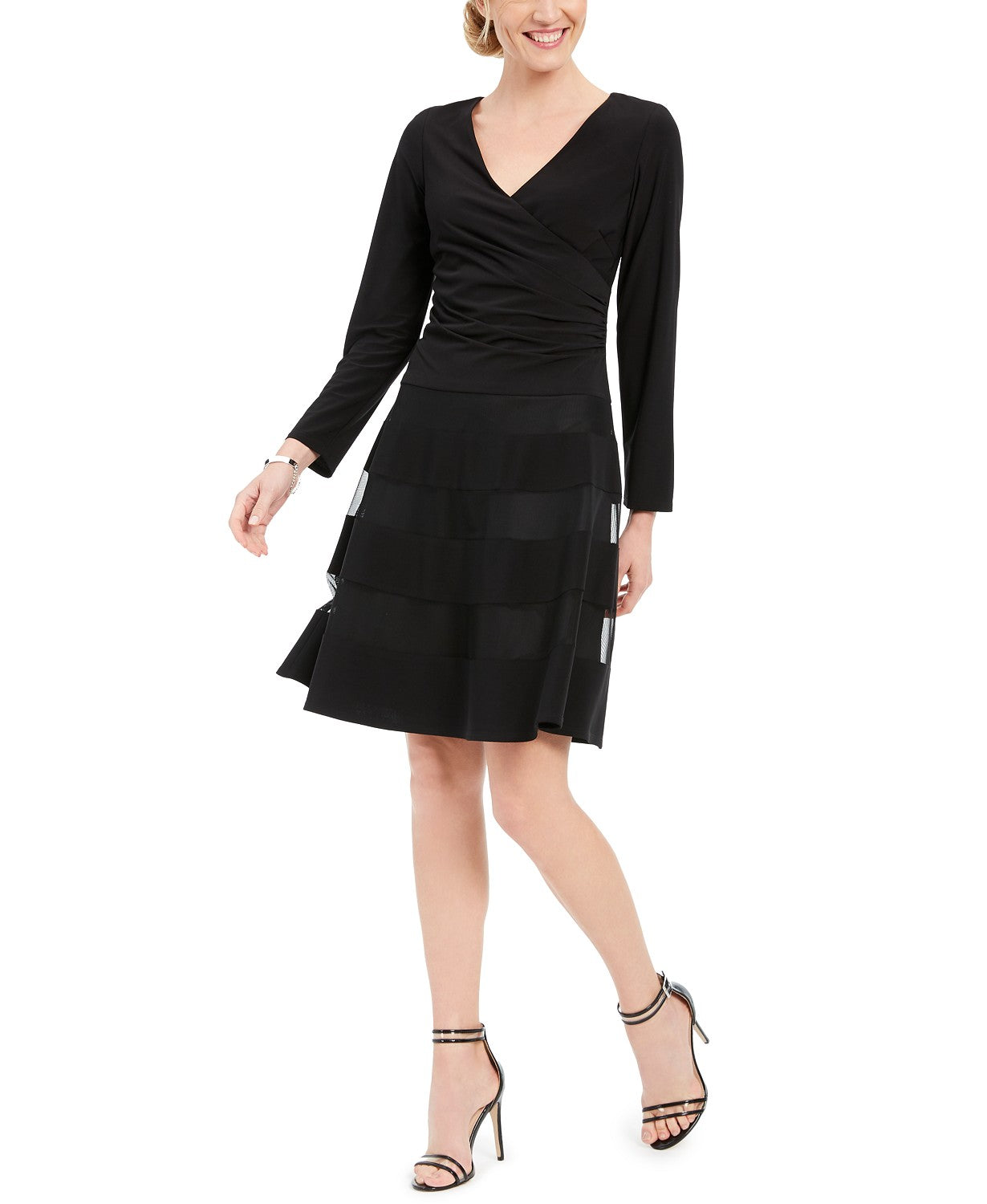 R & M Women's Richards Petite Illusion-Stripe Fit & Flare Dress Black Size 4