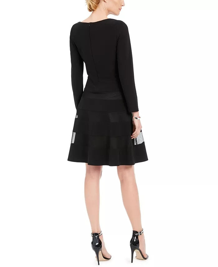 R & M Women's Richards Petite Illusion-Stripe Fit & Flare Dress Black Size 4