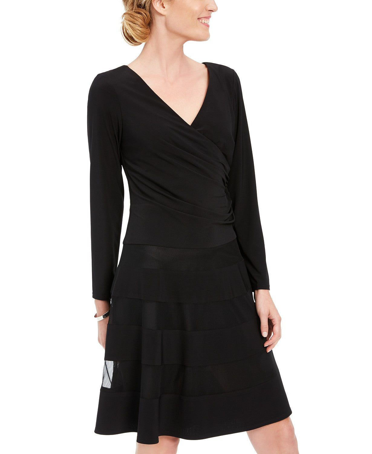 R & M Women's Richards Petite Illusion-Stripe Fit & Flare Dress Black Size 4