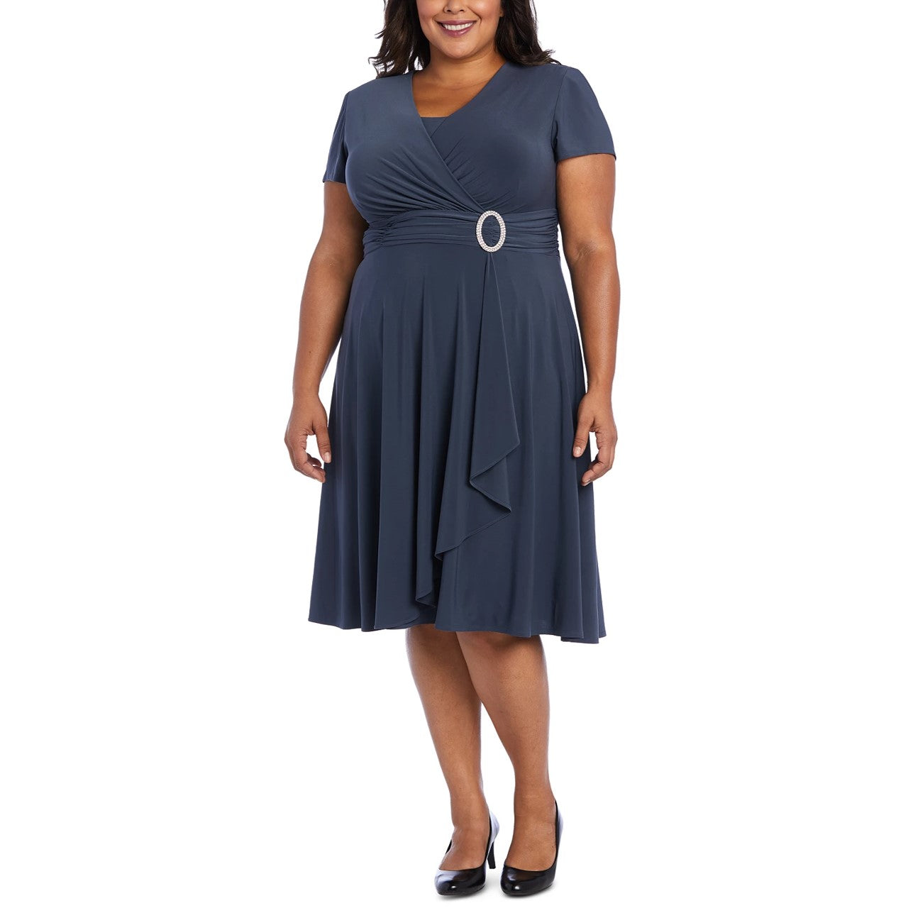 R & M Richards Women's Plus Size Rhinestone-Belted Surplice Dress Dark Gray Size 20