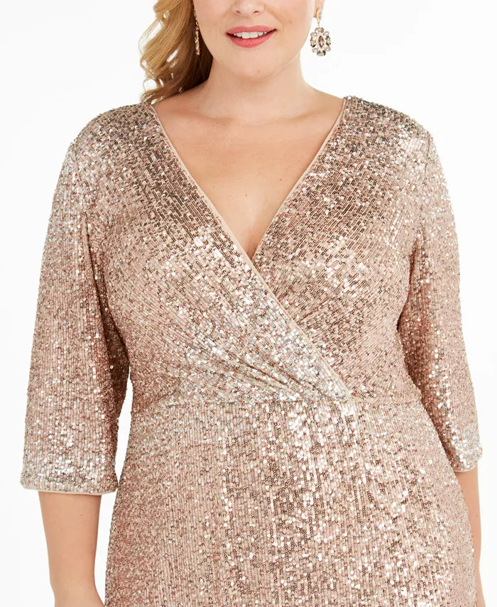 R & M Richards Women's Plus Size Sequined Surplice Gown Brown Size 18W